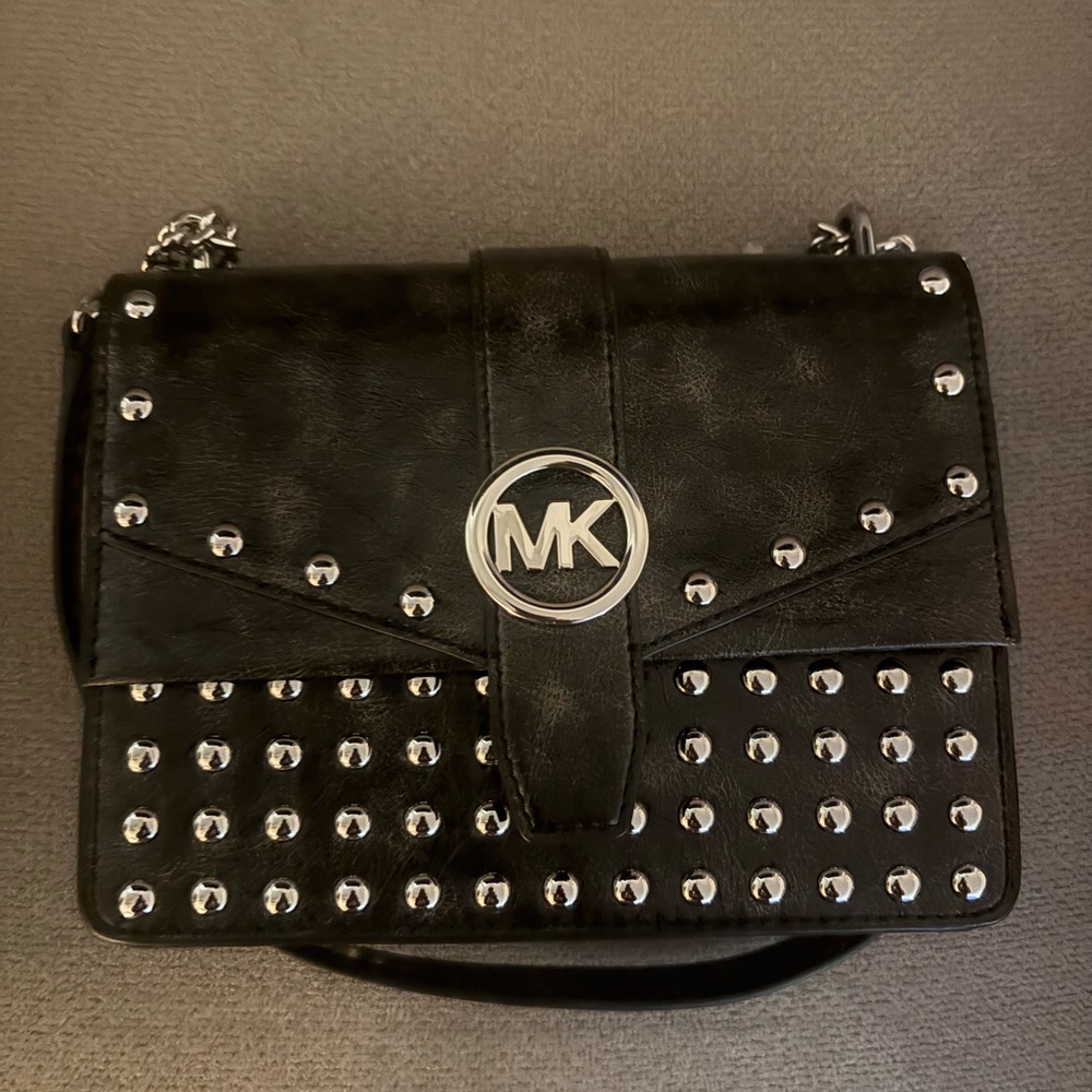 NEW AUTHENTIC Michael Kors Greenwich Black Studded Flap Crossbody Bag.